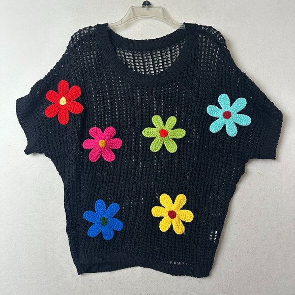Sweater sz L  open crochet black short sleeve knit flowers boho hippie cottage - Picture 1 of 4